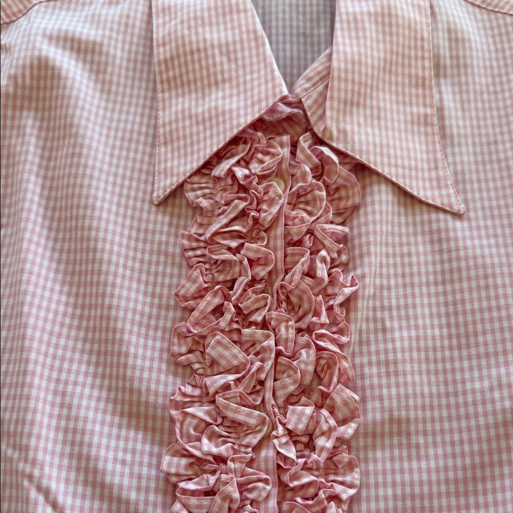 Anne Fontaine Pink Checkered Ruffle Blouse - Picture 3 of 5